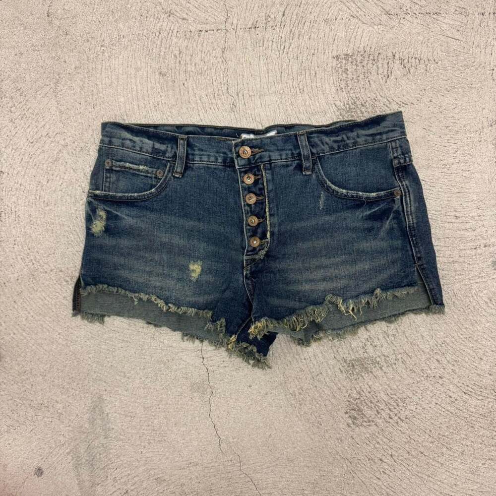 Free People Distressed Low Rise Button Fly Denim Shorts